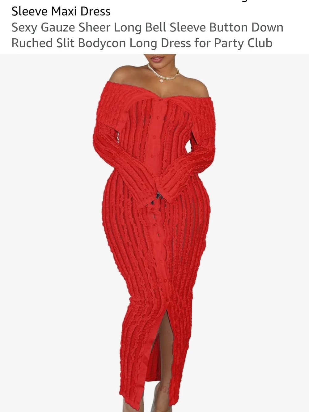 Off-Shoulder Red Button-Front Maxi Dress